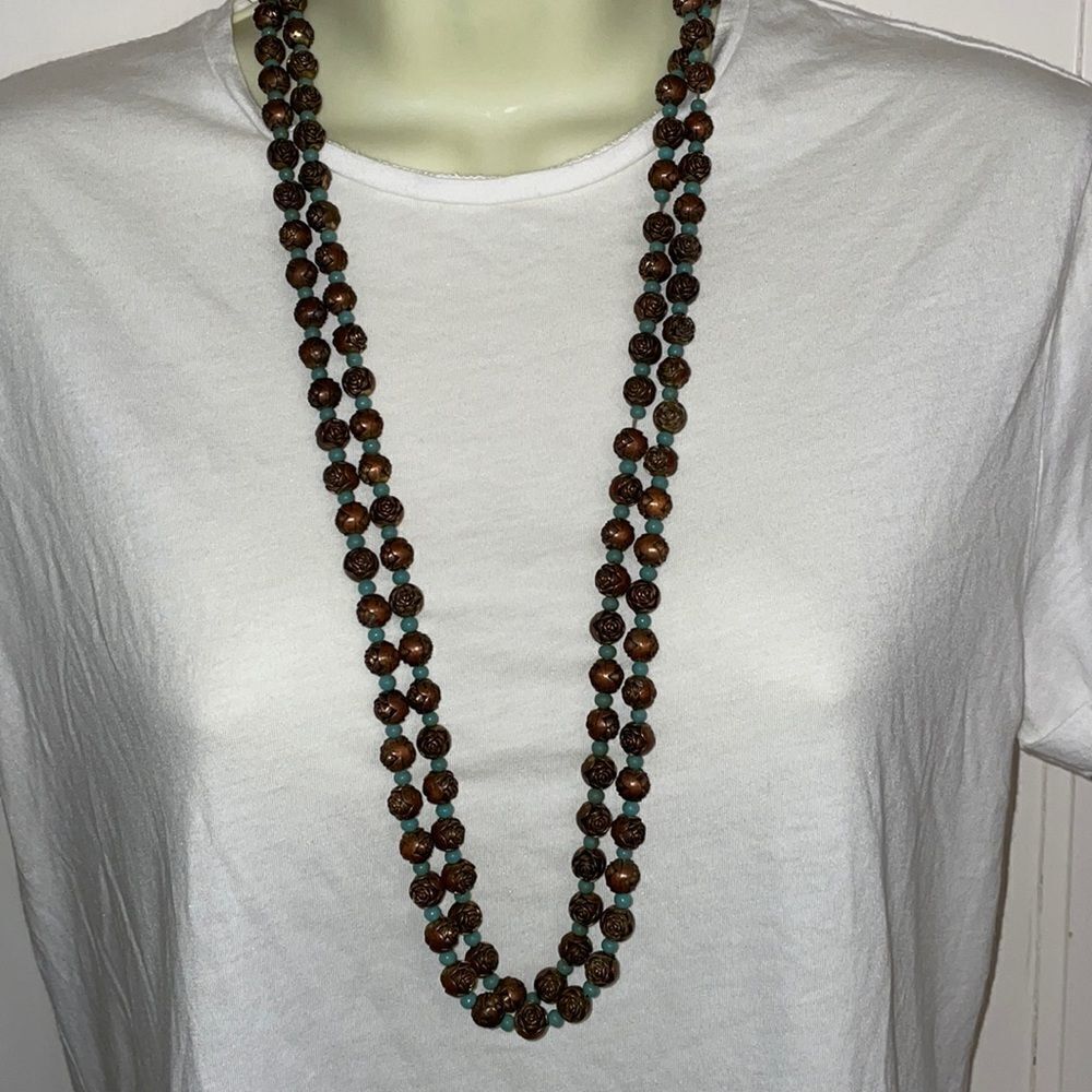 Very Long teal & copper color rose bead necklace‎